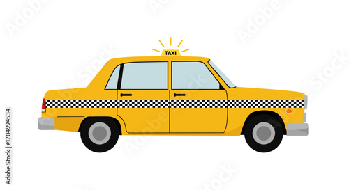Yellow taxi cab with checkered stripe and illuminated taxi sign on the roof.