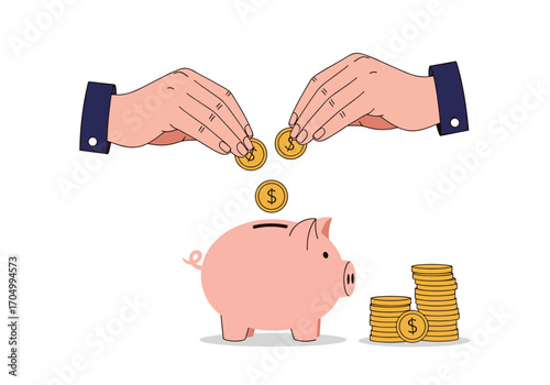 Two hands dropping gold coins into a piggy bank with a stack of coins nearby on a white background
