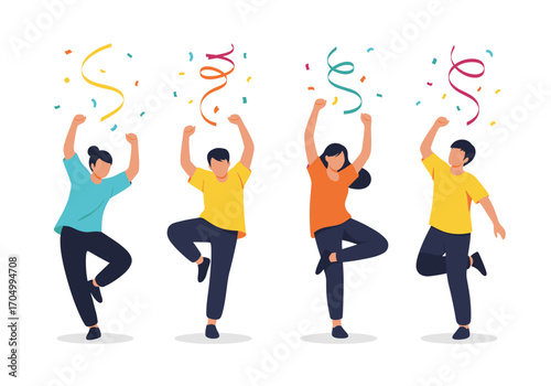 Diverse group of people celebrating together with confetti falling down showing joyful excitement