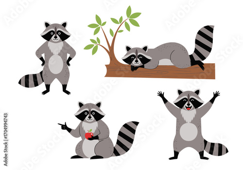 Cute cartoon raccoons in various playful poses with natural elements