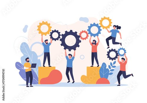 Teamwork collaboration people connecting gears working together business strategy synergy