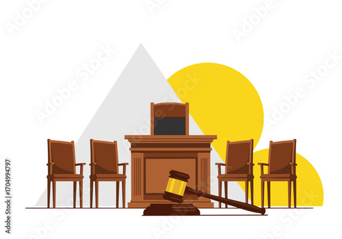 Law courtroom scene with judge's bench and jury box illustrating justice and legal proceedings