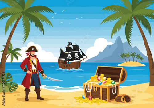 Adventurous pirate standing proudly beside a treasure chest overflowing with gold coins on a tropical beach with a ship sailing in the distance