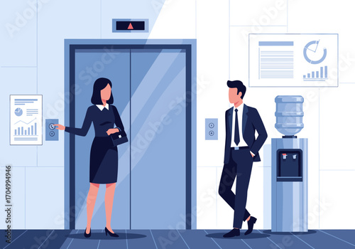 Business professionals interact near an office elevator and water cooler discussing data charts on the wall