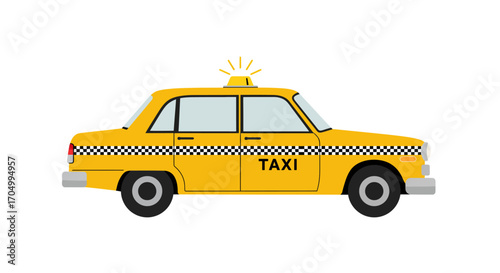 Yellow taxi car illustration with checkered stripe and roof light.