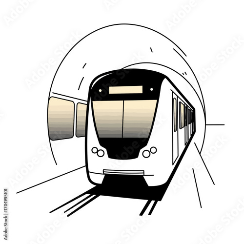 Illustration of a train emerging from a tunnel, showcasing transportation and infrastructure.