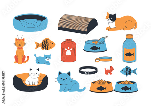 Collection of adorable cat accessories and food essentials for pet lovers everywhere
