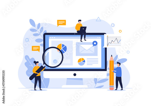 Illustration of digital marketing team analyzing website performance data and creating strategies for business growth