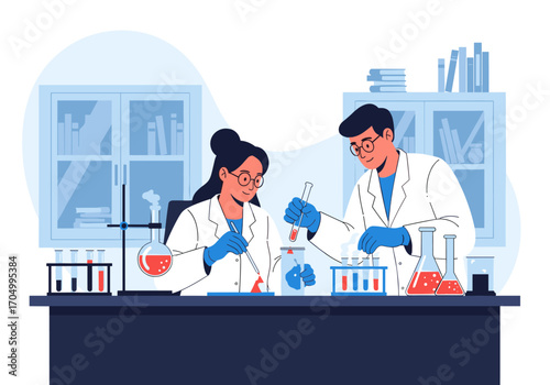 Scientists in a laboratory conducting experiments with beakers and test tubes discovering new solutions