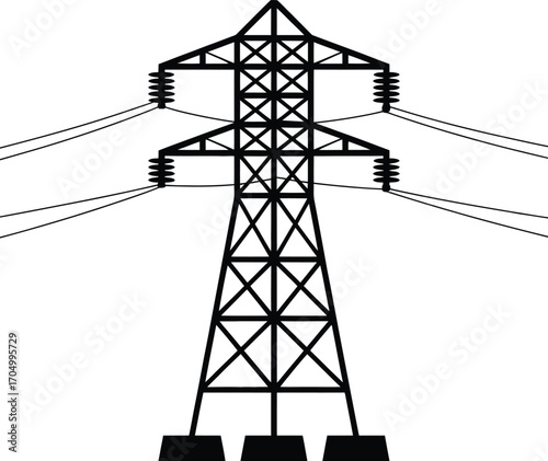 Tall industrial metal electricity pylon with power lines against a white background