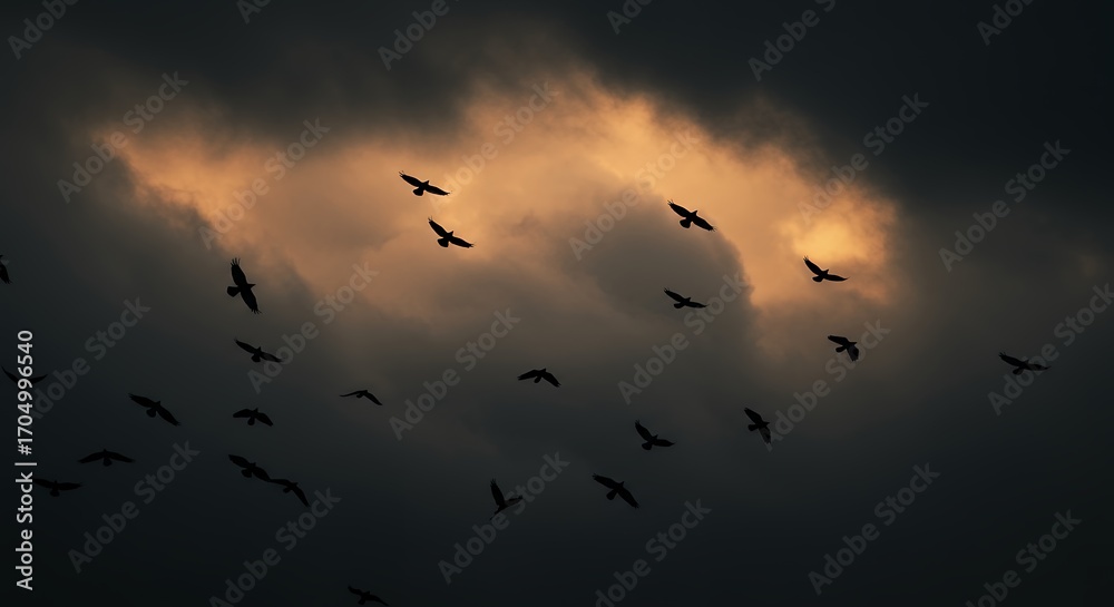 Fototapeta premium Birds soaring through dark clouds