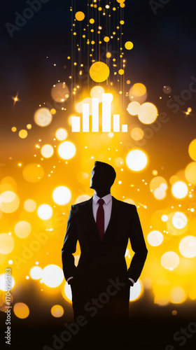 Professional silhouette stands confidently against vibrant background of golden bokeh lights and abstract shapes, symbolizing success and growth