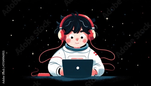 Astronaut working on laptop in space