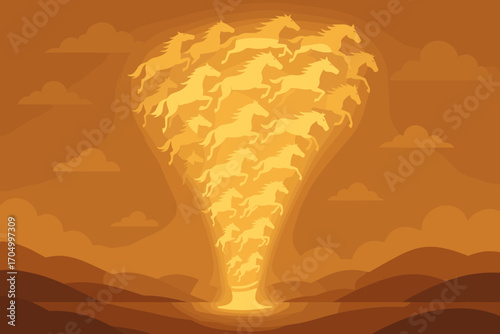Surreal galloping horses forming a glowing tornado in a dreamlike landscape