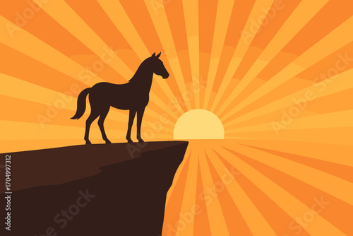 Majestic horse silhouette on cliff at sunrise with radiant sunburst background