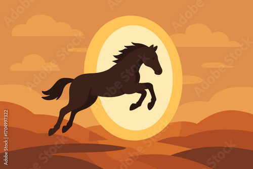 Dynamic horse silhouette jumping through golden landscape portal