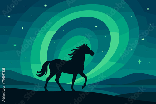 Silhouette of a horse galloping under aurora lit night sky with stars