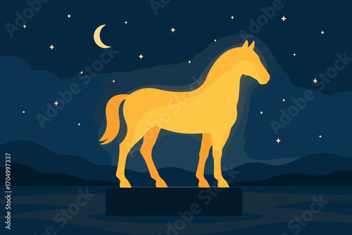 Glowing horse silhouette under crescent moonlit night sky with stars