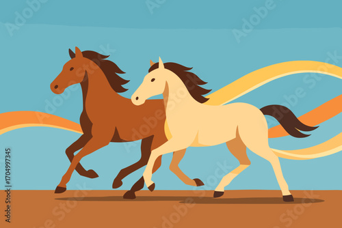 Dynamic horses running with flowing tails in minimalist style