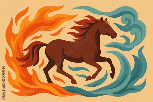 Dynamic horse in fiery and watery elements with bold color contrast