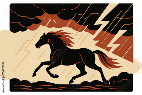 Dynamic silhouette of galloping horse amidst storm and lightning