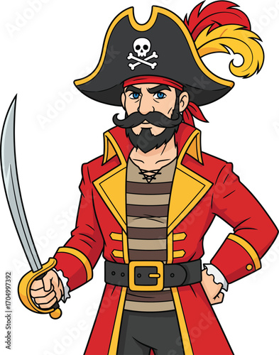 Cheerful Cartoon Pirate Captain with Cutlass and Tricorn Hat Vector illustration