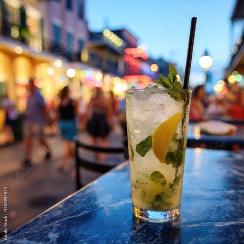 Iced cocktail on a city street at dusk