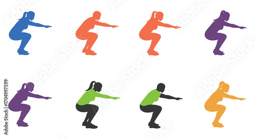 colorful silhouettes of people performing various squat exercises