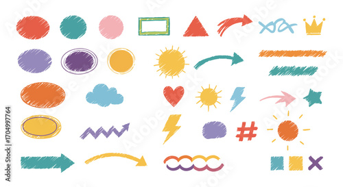 colorful shapes and symbols arranged neatly in rows