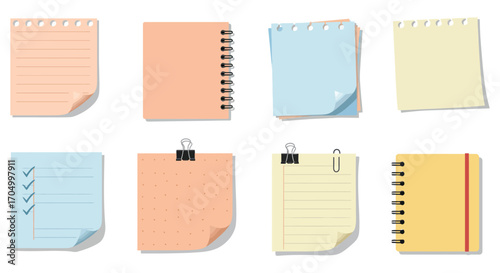 various colorful notebooks and notepads arranged neatly