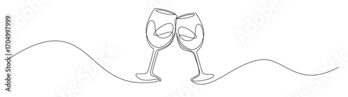 Two wine glasses cheering single line drawing