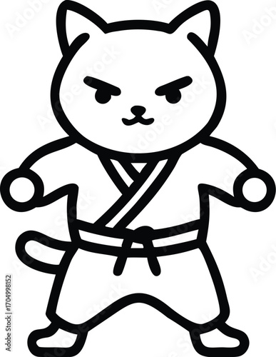 Cute cartoon cat wearing a karate gi, ready for a fight