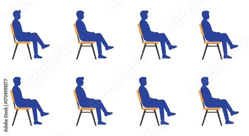a series of blue figures seated in chairs