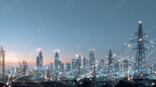 City skyline with power lines and network connections