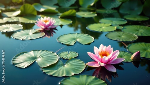 Water lilies create a floral pattern across the lake's surface, floral, pond