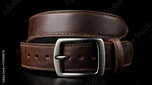Brown leather belt with silver buckle, studio shot