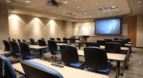 Classroom with desks chairs and projector screen