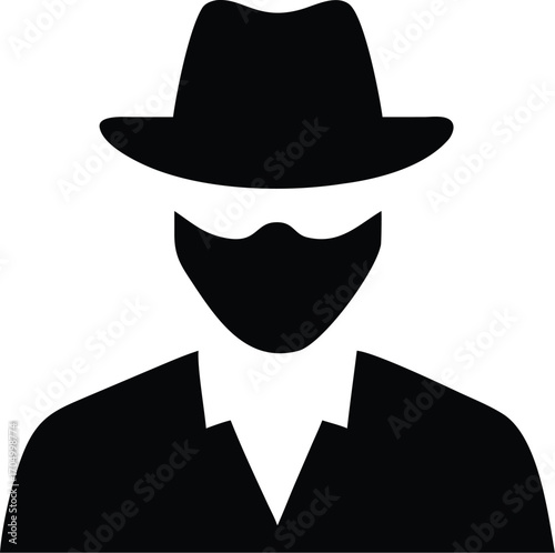 Silhouette of a person wearing a fedora hat and sunglasses, representing a spy or secret agent