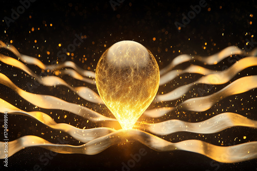 Glowing orb surrounded by flowing golden waves creates mesmerizing visual effect, symbolizing energy and movement