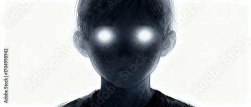 A digital illustration of a boy with glowing eyes, dark shading on his face and upper body, set against a light background.