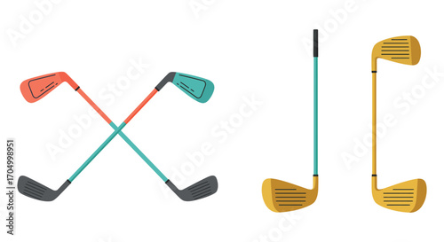 colorful golf clubs crossed and standing upright