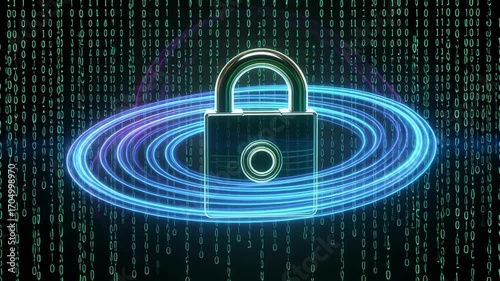 Cybersecurity concept padlock with glowing digital rings and binary code background
