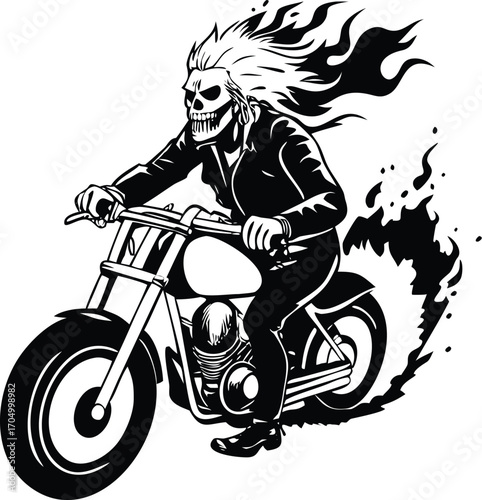 Scary skeleton biker riding a motorcycle with flames