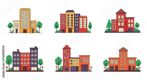 city buildings with colorful facades surrounded by green trees