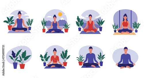 people practicing yoga in various poses surrounded by plants