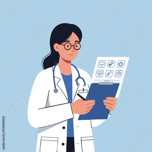 Female doctor in white coat with stethoscope writing on clipboard medical report vector illustration 