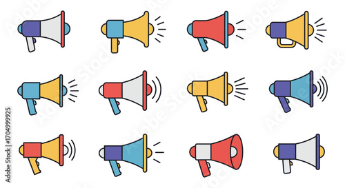 a collection of colorful megaphones arranged neatly in rows