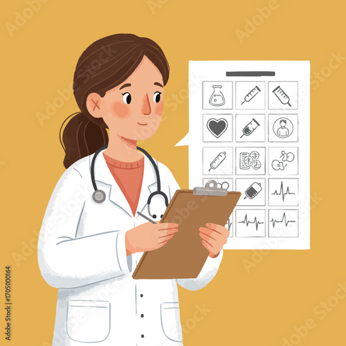 Female doctor with clipboard reviewing medical chart in healthcare setting vector illustration 