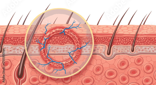 Detailed skin anatomy illustration with hair follicles and blood vessels for medical or educational purposes