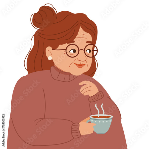 Woman elder holding a cup of hot drink. Elderly person enjoying warmth and comfort. Senior health and wellness illustration for retirement concept.